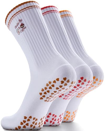 NSRRUN TURTLE Non-Slip Pilates Grip Socks for Women - Embroidery Crew Sock with Sticky Sole, Ideal for Yoga, Workout, & Barre, X-Large, 3 Pairs -Brown&Red&Orange - Image 1