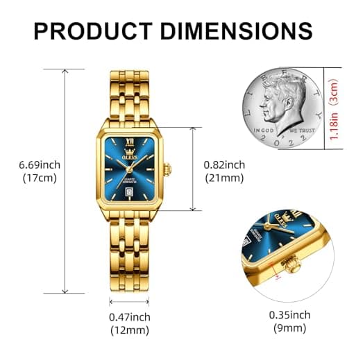 OLEVS Watch Womens Gold Luxury Rectangle Waterproof Fashion Small Wrist Blue Face Watches for Women Square Stainless Steel Analog Quartz Dress Womens Watch Reloj para Mujer - Thumbnail 4