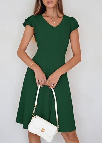 Lazysmile Summer Dresses for Women Ruffle Short Sleeve V Neck A Line Swing Ribbed Knit Casual Mini Short Dress Dark Green - Thumbnail 5