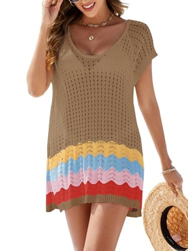 VIAURBE Women's Swimsuit Crochet Cover Up V Neck Hollow Out Bathing Suit Coverup Color Block Side Split Mini Dress Coffee 2XL - Image 1