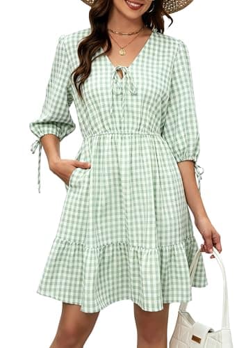 ECOWISH Women's Summer Mini Dress 2026 Tie Front V Neck 3/4 Sleeve A-Line Tiered Flowy Gingham Short Dresses with Pocket Green X-Large - Image 1