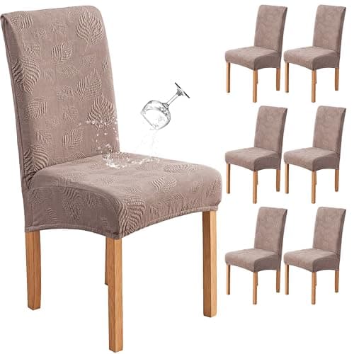 Genina Waterproof Dining Chair Covers Set of 6,Stretch Dining Room Chair Slipcovers with Leaf Jacquard,Removable Kitchen Chair Protector for Home,Restaurant,Banquet-Taupe,Large Size - Image 1