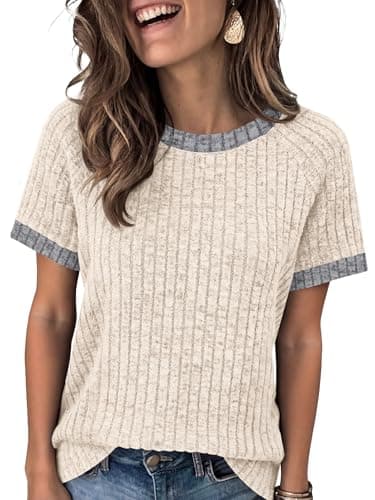 ANRABESS Womens Tops Summer Short Sleeve Shirts Dressy Casual Color Block Work Blouse 2026 Spring Trendy Lightweight Sweater Beige Small - Image 1