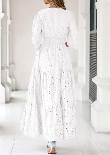 Lazysmile Long Sleeve Dresses for Women V Neck Hollow Out Eyelet Ruffle Swing A-Line Fall Vacation Boho Maxi Dress White - Thumbnail 2
