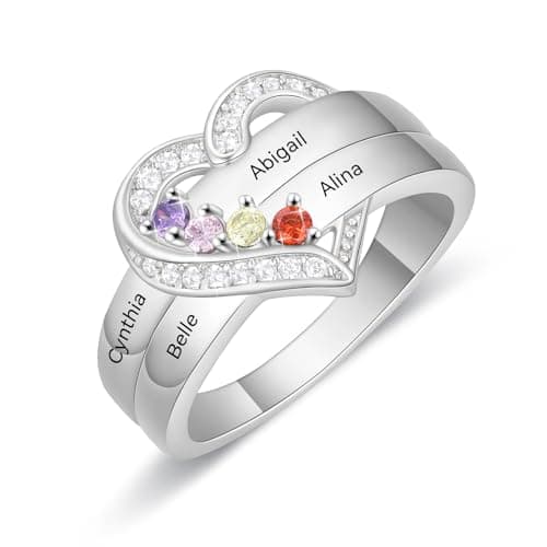 Zoesky Personalized Heart Ring with 2-5 Birthstones Custom Name Engagement Wedding Promise Birthstone Ring Mothers Day Christmas Birthday Gifts for Mom Grandma Wife (4Stone, 6) - Image 1