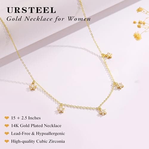 Ursteel 14K-Gold-Plated Flower Necklace for Women, Dainty 14K-Gold-Plated Necklace for Women Non Tarnish Station Necklaces Cubic Zirconia Flower Jewelry Wedding Prom Bridesmaids Gifts - Thumbnail 6