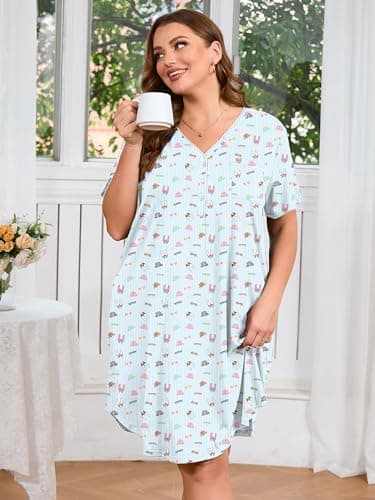 AusLook Plus Size Floral Nightgown for Women Midi Sleep 2X Dress Short Sleeve V Neck Flowy Lounge House Dress Casual Printed Night Dress - Thumbnail 3
