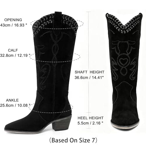 Reitoye Black Cowboy Boots for Women Knee High Cowgirl Boots Embroidered Square Toe Chunky Low Heel Western Boot Pull On Wide Calf Country Boots Size 12 - Thumbnail 4
