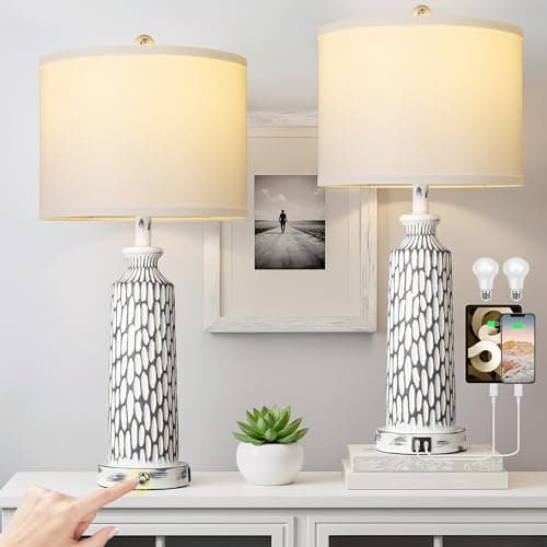QiMH Table Lamp for Living Room,Bedside Lamps for Bedroom Set of 2 with USB A+C Ports,3-Way Dimmable Touch Control, Modern Coastal White Grey Resin Nightstand Lamp, Included 2700K LED Bulbs - Image 1