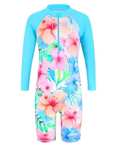 TFJH E Long Sleeve Swimwear One Piece Bathing Suits UPF 50+ Rash Guard Beachwear LightBlue Flower 104/110 - Image 1