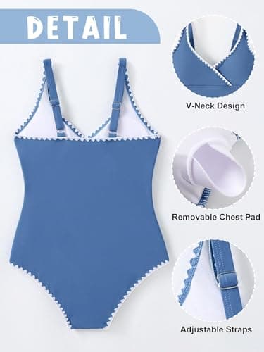 Girls Summer Swimsuit One Piece Bathing Suit Padded Adjustable Strap Swimwear Set Teens Girls Beach Cover Up 13-14T (Blue, 9-10 Years) - Thumbnail 6