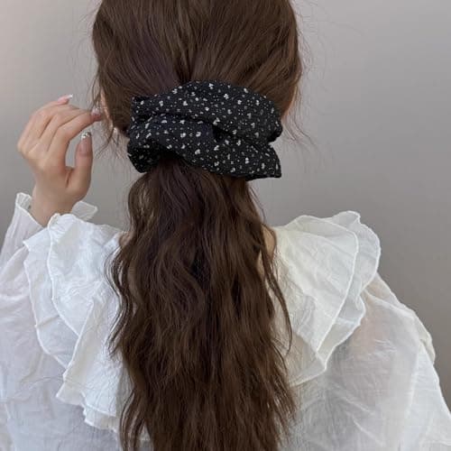 Jseng 2PCS Large Scrunchies for Hair, Polka Dot Hair Ties, Beige and Black - Thumbnail 2