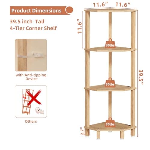 YUFAM 4-Tier Corner Shelf with Sturdy 5-Leg Base, 41in Tall Narrow Bookcase for Small Spaces, Wooden Plant Display Shelf, Thin Bookshelf for Living Room, Bedroom, Office, Natural - Thumbnail 2
