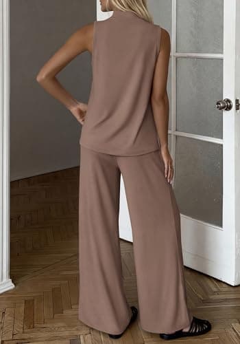 BTFBM Summer 2 Piece Lounge Sets For Women Sleeveless Mock Neck Top Wide Leg Pants Airport Travel Beach Vacation Outfits(Khaki, X-Large) - Thumbnail 3