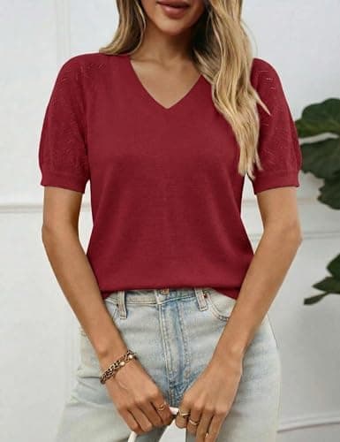 LaGracia Puff Short Sleeve Sweater for Women Summer Puff Sleeve Sweater Tops Spring V Neck Cauasl Dressy Shirts Cute 2026 Dark Red S - Thumbnail 2