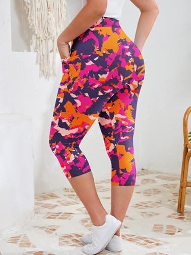 AusLook Plus Size Capri Leggings for Women with Pockets High Waisted Tummy Control Cropped Rosy Clouds 3X Leggings Buttery Soft Stretch Casual Lounge Workout Pants - Thumbnail 6
