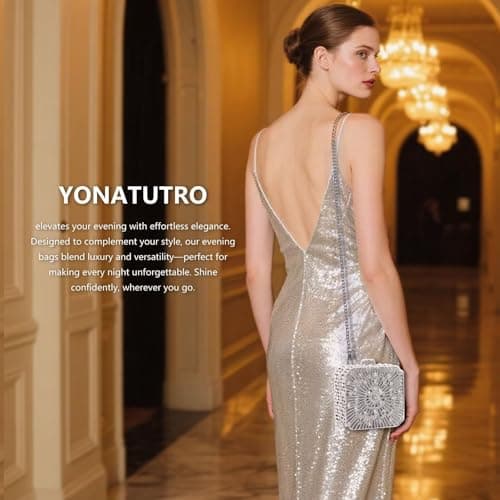 YONATUTRO Luxury Silver Rhinestone Clutch Purse for Women - Mini Evening Bag with Detachable Chain for Wedding Formal Party Prom - Thumbnail 3