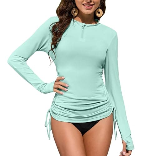 ZAFUL Hiking Shirt Quick Dry UV Protection Breathable Quarter Zip Side Pockets Drawstring Hem Waist Pleats Sun Shirt Green M - Image 1