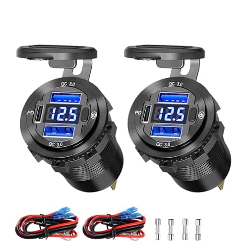 Aluminum Alloy 12V USB C Outlet,Dual Quick Charge 3.0 Port and PD 3.0 USB Car Socket,Cigarette Lighter Replacement Fast Charging Adapter,Car Charger with Voltmeter and Switch for for Auto RV Truck - Image 1