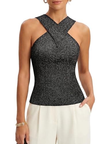 DRESSTELLS Women's Black Halter Neck Crossover Sleeveless Ribbed Knit Tank Vest Top Casual Summer Blouse Glitter Sweater Vest 2026 S - Image 1