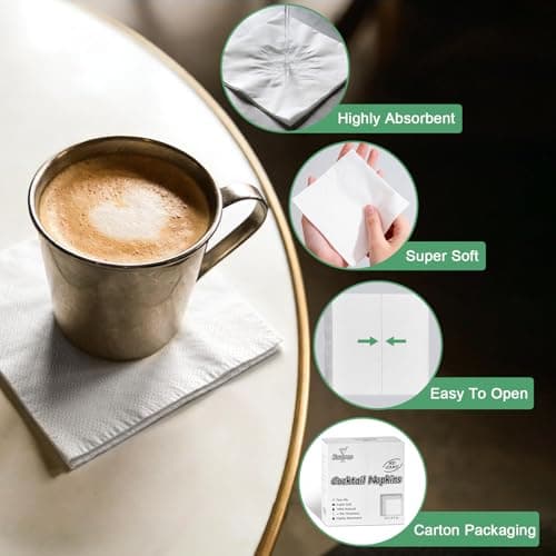 Kouorao White Cocktail Napkins - 600 Count Disposable Paper Napkins, 2-Ply 4.5 x 4.5 Inch Beverage Napkins Bulk for Dinner Wedding Bar Party and Everyday Use - Thumbnail 4
