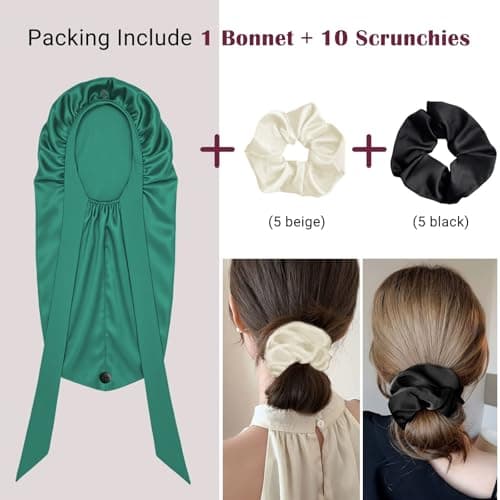 Women's Silky Bonnet - Long Tie Sleep Cap, Curly/Natural Hair, Adj. Night Hat, +10 Scrunchies, Mom/Wife - Thumbnail 4