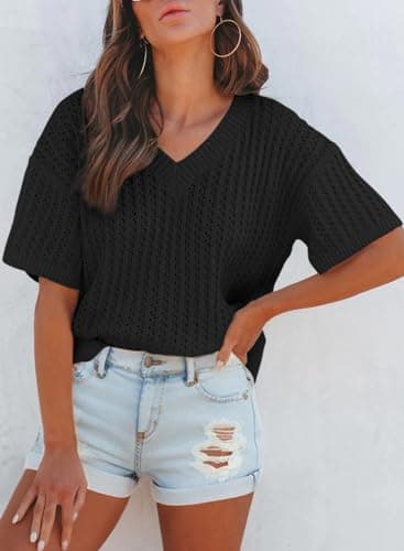 Dokotoo Women's 2025 Stylish Summer Short Sleeve Shirts for Women Oversized V Neck Solid Hollow Out Tunic Tops and Blouses Basic Loose Fit Pullover Sweaters Casual Holiday T-Shirts Tops Black Large - Thumbnail 2