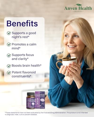 Anven Health 400mg L-Theanine with 200mg Apigenin Supplement for Sleep-Natural Relaxation & Stress Relief - Gluten Free,Non-GMO, Zero Fillers - Made in USA | 60 Veggie Capsules - Thumbnail 6