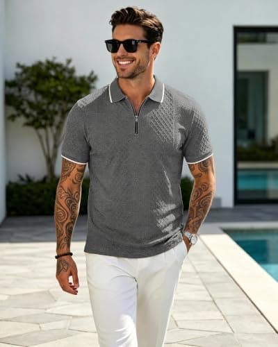 TRFIC Mens Polo Shirts Short Sleeve Casual Polo Shirt Vintage Golf T Shirts Old Money Tops Dark Gray - Thumbnail 3
