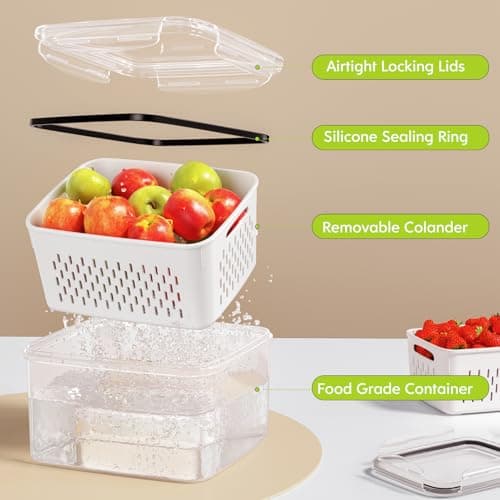 HOMETALL 5 Pack Fruit Storage Containers for Fridge, Plastic Fruit Containers for Fridge with Removable Colanders, Leakproof Fridge Organizers and Storage for Berry Vegetable Salad Lettuce Meat Food - Thumbnail 6