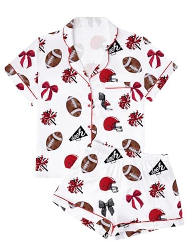 GKBK Womens Satin Pajamas Set Button Down 2 Piece Silk Pjs Shorts Sleeve Loungewear Sets Sleepwear Football Print XL - Image 1