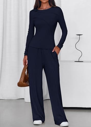 Lazysmile Lounge Sets For Women 2 Piece Sets Fall Outfits Long Sleeve Tops with Wide Legs Pants Casual Matching Set - Thumbnail 6