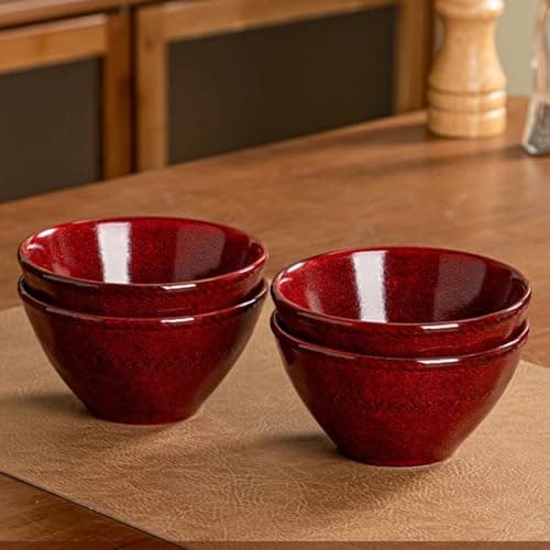 JINNTHE Ceramic Bowls Set of 4-11 OZ Small Bowl Set, Farmhouse Vintage Red Bowls 4.7 Inches Ramekins Bowl for Salad Dessert Yogurt Dipping Ice Cream Fruit Rice- Microwave Dishwasher Safe Retro Red