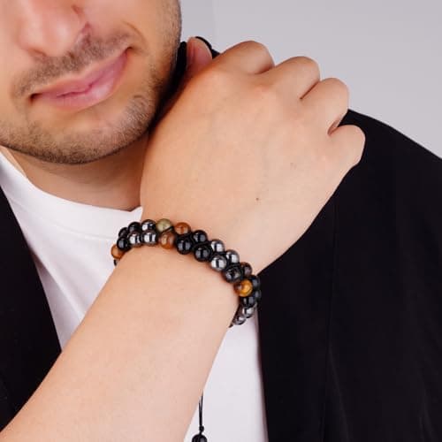 PAKUNDAS Triple Protection Bracelet - Men & Women's Crystal Bracelet with Tiger Eye, Hematite, and Black Obsidian - 8mm Natural Stone Beads Bring Good Luck, Prosperity, Happiness - Thumbnail 2