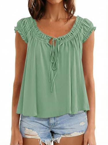 Beloyoni Womens Babydoll Tops Summer Tie Front Cap Sleeve Tank Top Dressy Casual Loose Fit Peplum Blouses Cute Flowy Shirts Light Green M - Thumbnail 2