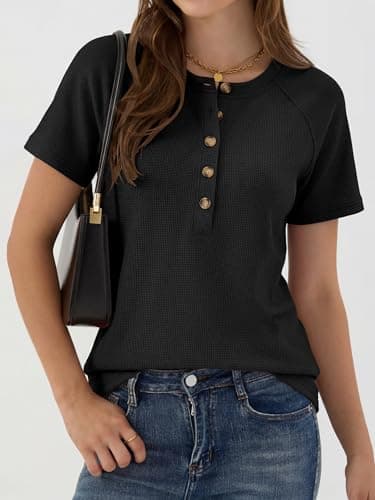ANRABESS Women Waffle Knit Tops Short Sleeve Henley Shirts Dressy Casual Blouse 2026 Spring Fashion Outfits Trendy Clothes Black X-Large - Thumbnail 3