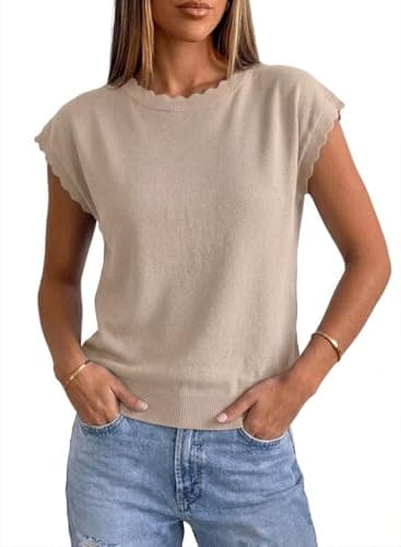 Jenisso Women Summer Sweater Cap Sleeve Lightweight Pullover Soft Knit Top with Scallop Wavy(Beige,XL) - Thumbnail 4