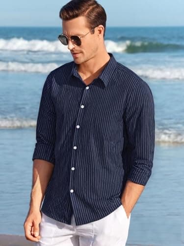 BAYAMO Men's Button-Down Striped Shirts Casual Long Sleeve Cotton Linen Collared Shirts Fashion Business Dress Shirt Navy M - Thumbnail 3