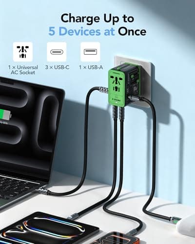 Mfish Universal Travel Adapter with Retractable USB-C Cable, 75w 5-Port International Plug Adapter, 1 USB-A, 3 Type-C, Worldwide Wall Charger for EU/UK/AUS/CN Compatible With Over 200 Countries, Black - Thumbnail 3