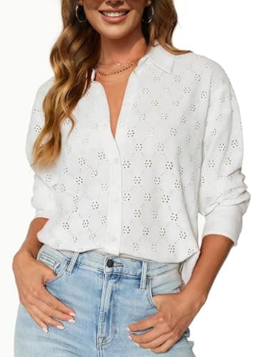 CiCiBird Womens Dressy Casual Blouse Long Sleeve Button Down Shirts Hollow Out Lace Tops Summer Fashion Clothes White L - Image 1