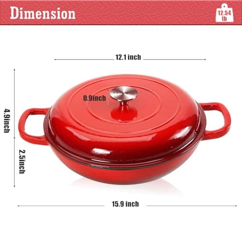 COOKWIN Cast Iron Casserole Braiser, 3.8 Quart Enameled Cast Iron Dutch Oven Pan with Lid, Heavy Duty and Dual Handles Skillet, Oven-Safe Porcelain Surface Casserole Dish, Red - Thumbnail 5