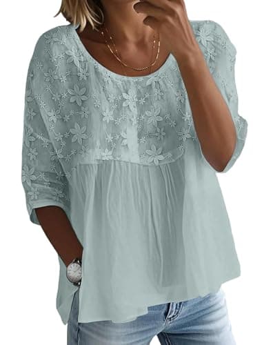 EVALESS Womens Blouses Casual Crewneck Half Sleeve Spring Summer Babydoll Tops Cute Floral Embroidered Boho Shirts Loose Fit T Shirts Flowy Chiffon Blouse Iceland Blue Small - Image 1