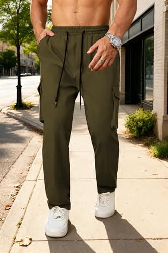 DISLANBO Men's Lightweight Cargo Pants Elastic Drawstring Casual Relaxed Fit Tapered Pants Multi Pockets ArmyGreen 3XL - Thumbnail 5