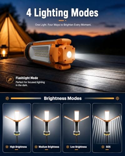 CORESLUX Rechargeable Camping Lights with Stand, 6000K Portable Work Light with 4 LED Lamp Heads, Magnetic Emergency Work Light Camping Essentials for Outdoor Work, Garage, Camping, Fishing - Thumbnail 3