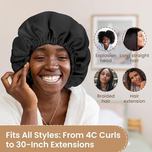 Zixsavk Adjustable Double Layer Silk-Satin Hair Bonnet for Women - Sleep Hair Protector Ideal for Natural Curly Hair, Anti-Frizz & Moisture Retention (black,Large) - Thumbnail 5