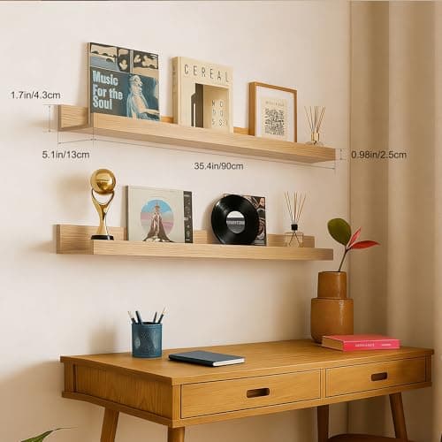 Modcraft 36 Inch Oak Floating Shelves with Lip, Extra Long Wall Mounted Picture Ledge, Large Rustic Farmhouse Wall Shelf for Gallery Wall & Living Room, Display Shelf for Photos Frames Books, Set of 2 - Thumbnail 6