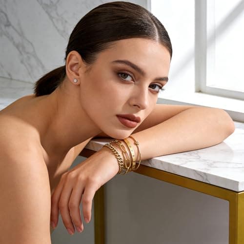 Alegend Bracelets Sets 14K Gold Plated Stackable Bold Link Chains, Romantic LOVE Engraved, Paperclip Cuff, Four-Layered Design - Thumbnail 2