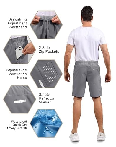 Hioutdoor Mens Shorts Waterproof Quick Dry Slim Fit Athletic Running Gym Training Zipper Pockets for Basketball Tennis Hiking Workout Swim Trunks Light Grey 2XL - Thumbnail 3