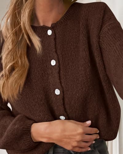 KIRUNDO Women’s Cardigans Casual Loose Button Up Long Sleeve Crewneck Knit Cardigan Sweaters Open Front Outerwear Coats(Brown, Large) - Thumbnail 4