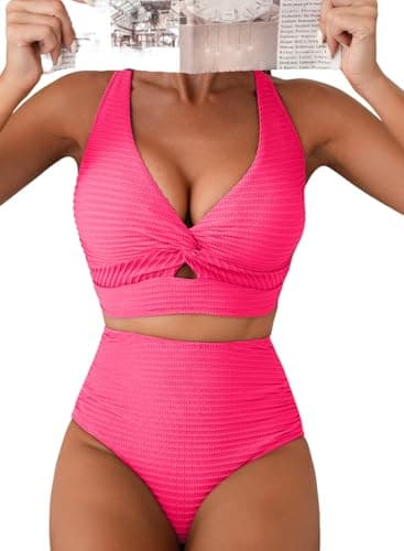 Herseas Women's Bikini Sets Twist Front Top Full Coverage Swimsuits High Waisted Textured Push Up Hot Pink Tummy Control Beautiful Bathing Modest Beach Vacation Outfits 2026 Summer X-Small - Image 1